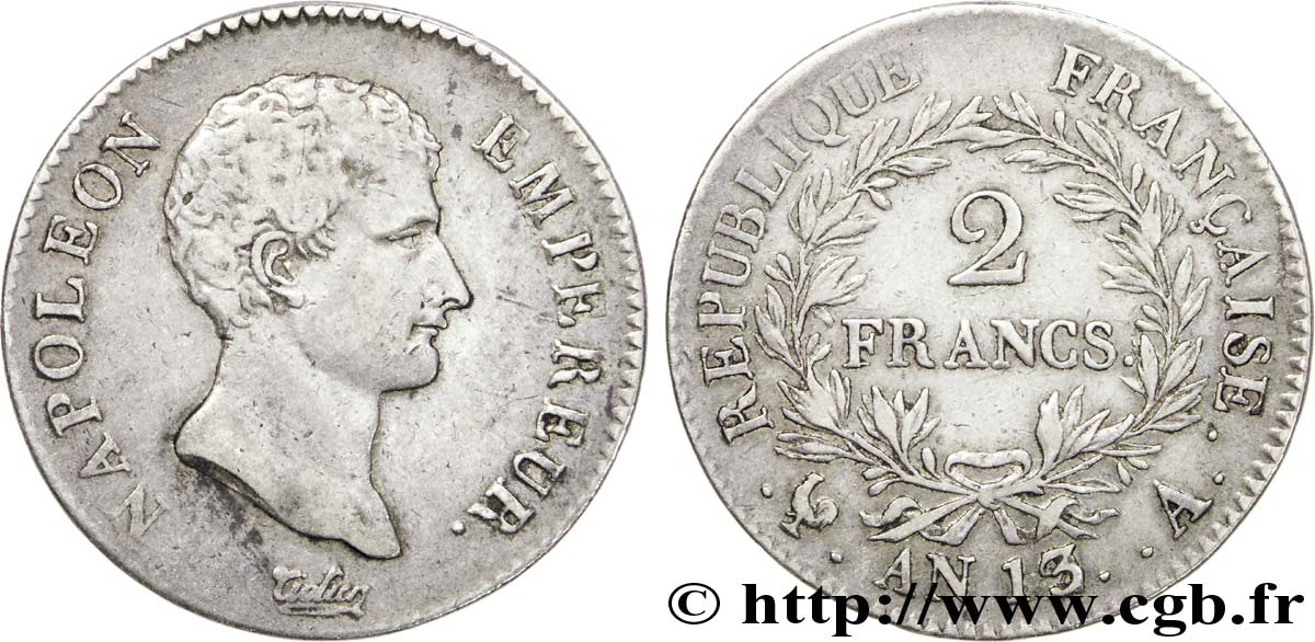 2 francs Napoléon Empereur, Calendrier révolutionnaire 1805 Paris F.251/11 XF 