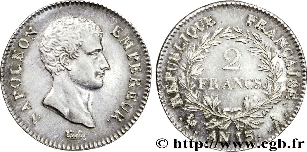 2 francs Napoléon Empereur, Calendrier révolutionnaire 1805 Paris F.251/12 VZ 