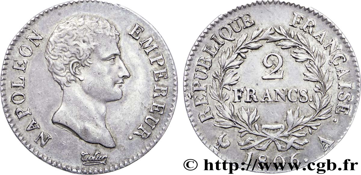 2 francs Napoléon Empereur, Calendrier grégorien 1806 Paris F.252/1 SPL 