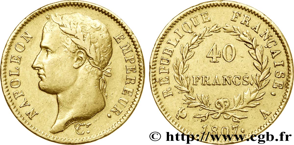 40 francs or Napoléon Ier tête laurée, République française 1807 Paris F.540/1 XF 
