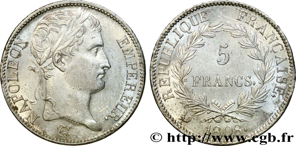 5 francs Napoléon Empereur, République française 1808 Paris F.306/2 VZ 