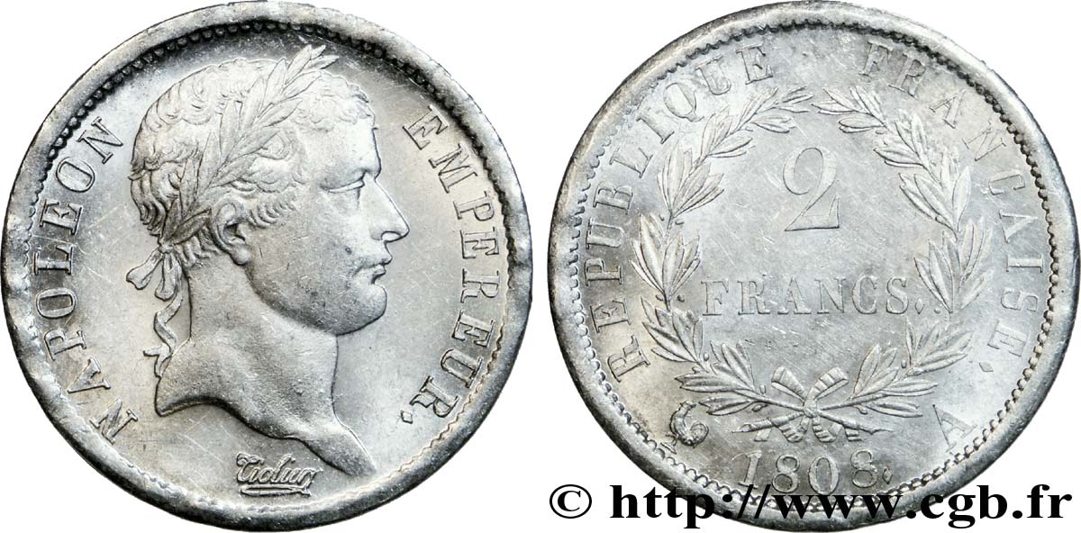 2 francs Napoléon Ier tête laurée, République française 1808 Paris F.254/4 EBC 