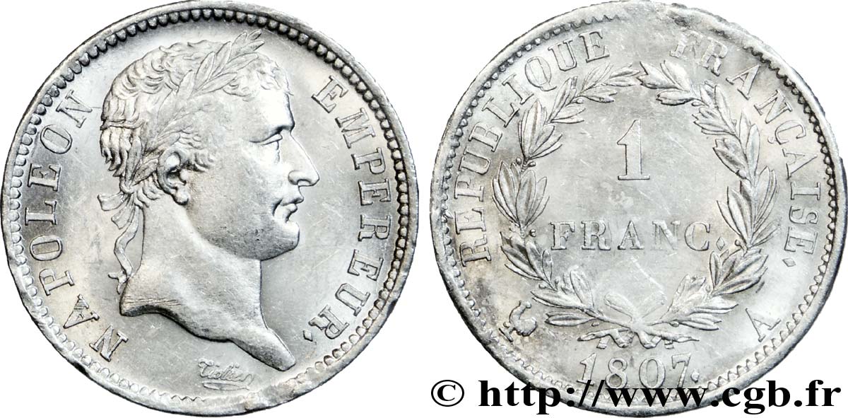 1 franc Napoléon Ier tête laurée, République française 1807 Paris F.204/1 SUP 