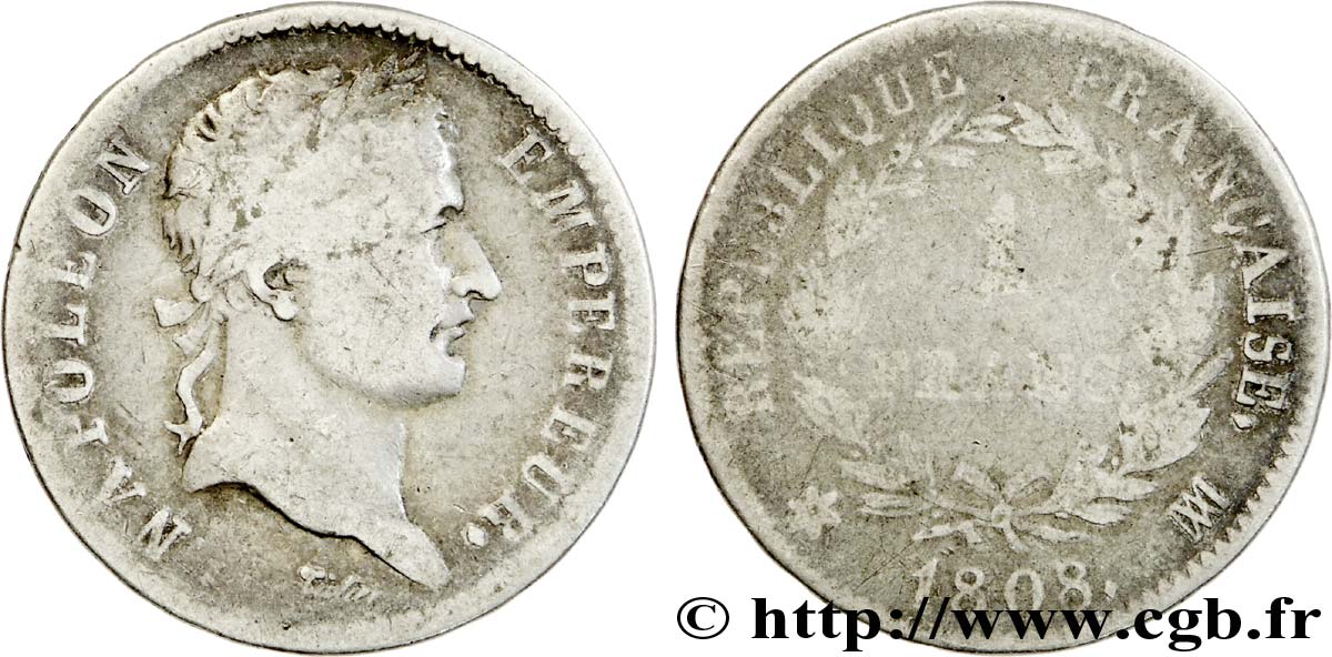 1 franc Napoléon Ier tête laurée, République française 1808 Marseille F.204/11 VG 