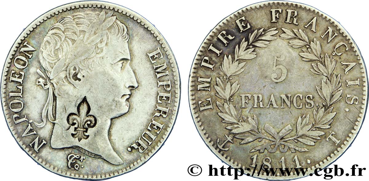 5 francs Napoléon Empereur, Empire français, contremarqué d’une fleur de lys 1811 Nantes F.307/38 var. SS 