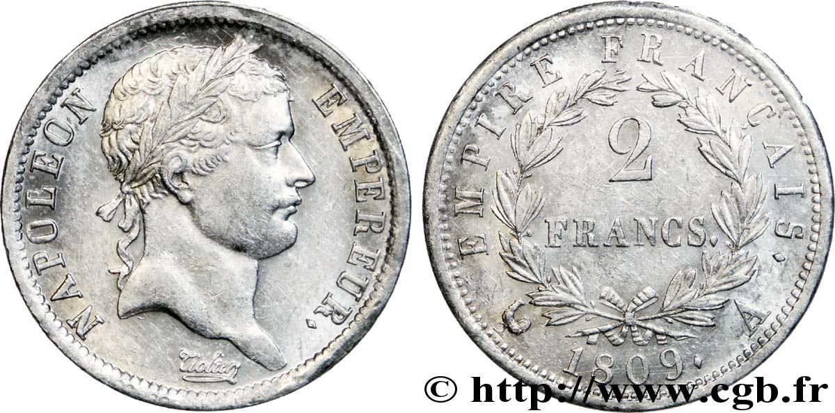 2 francs Napoléon Ier tête laurée, Empire français 1809 Paris F.255/1 VZ 