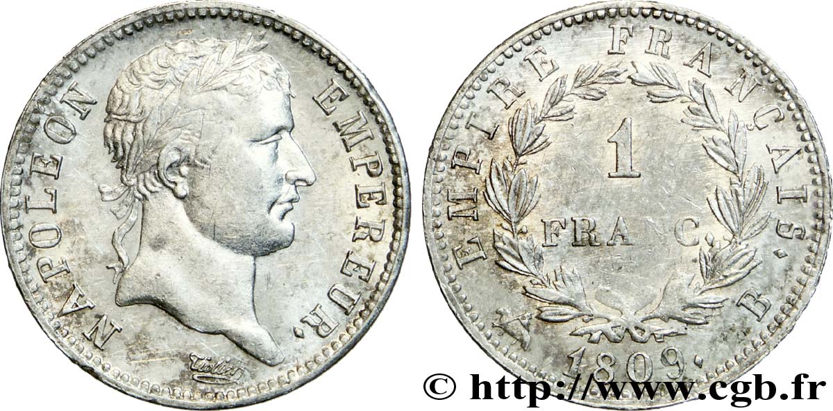 1 franc Napoléon Ier tête laurée, Empire français 1809 Rouen F.205/2 BB 