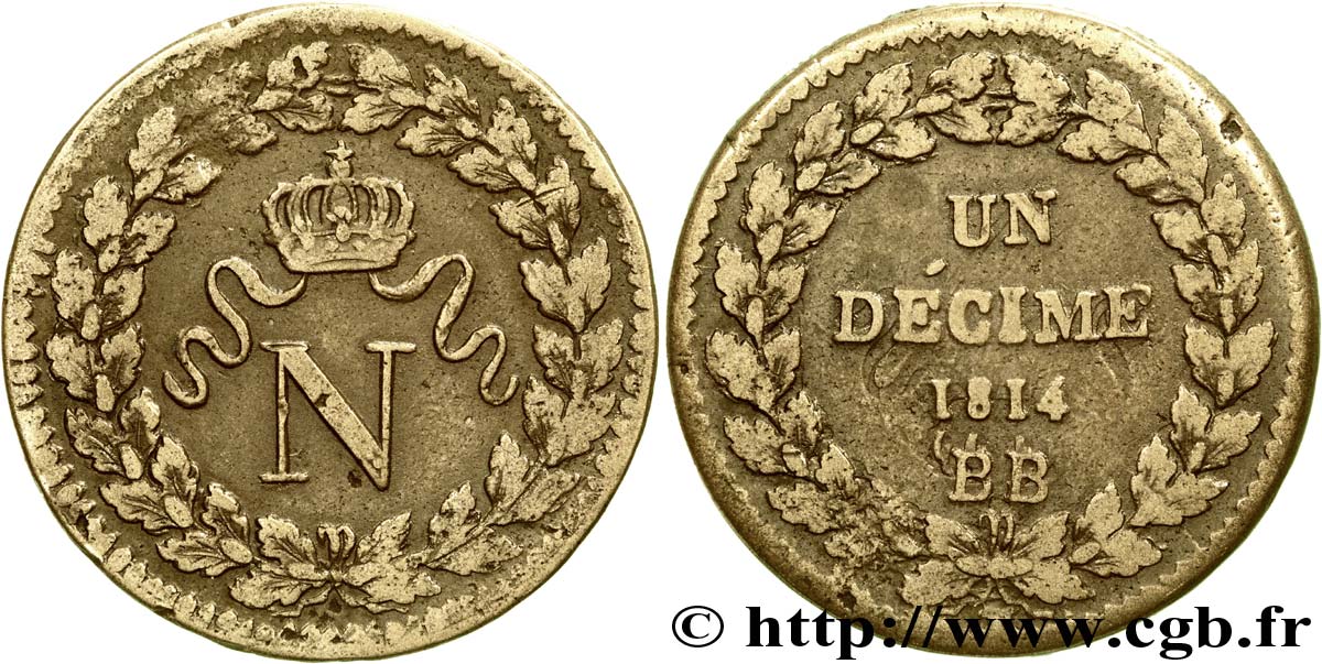 Un décime à l’N couronnée 1814 Strasbourg F.131/2 TB 