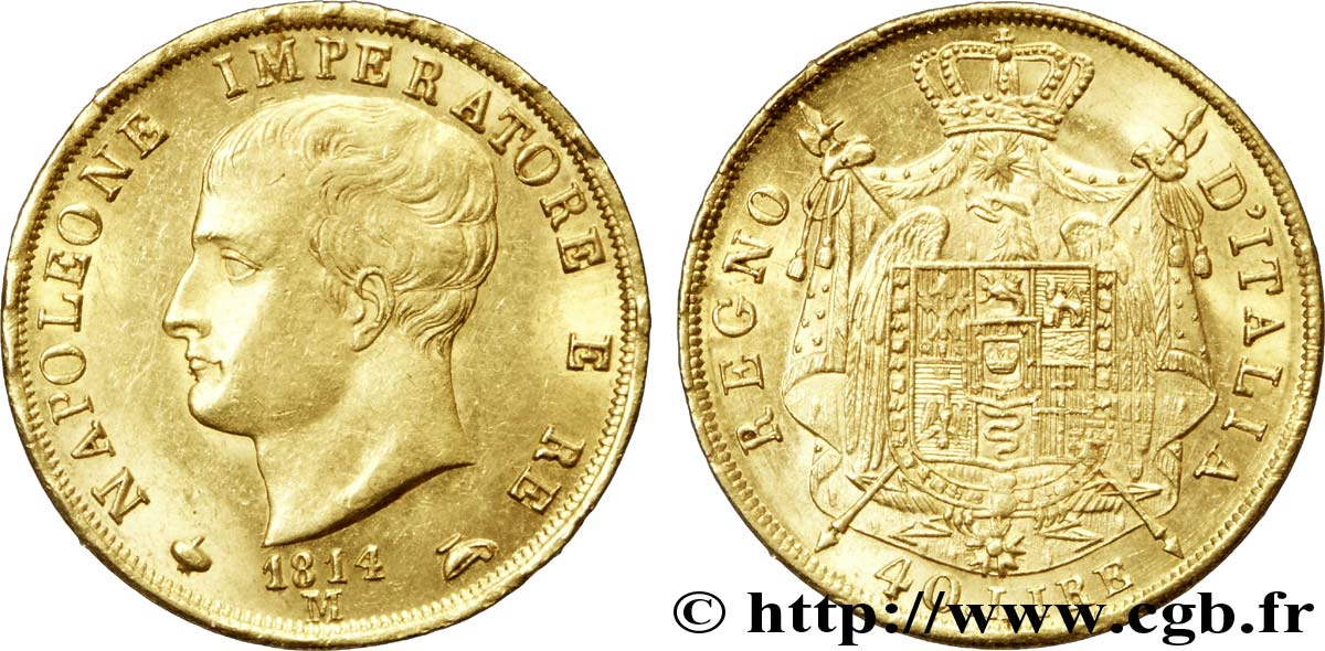 40 lire or, 2e type, tranche en creux 1814 Milan VG.1394  EBC 
