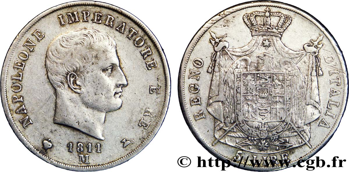 5 lire Napoléon Ier, 2e type, tranche en creux 1811 Milan M.225  SS 