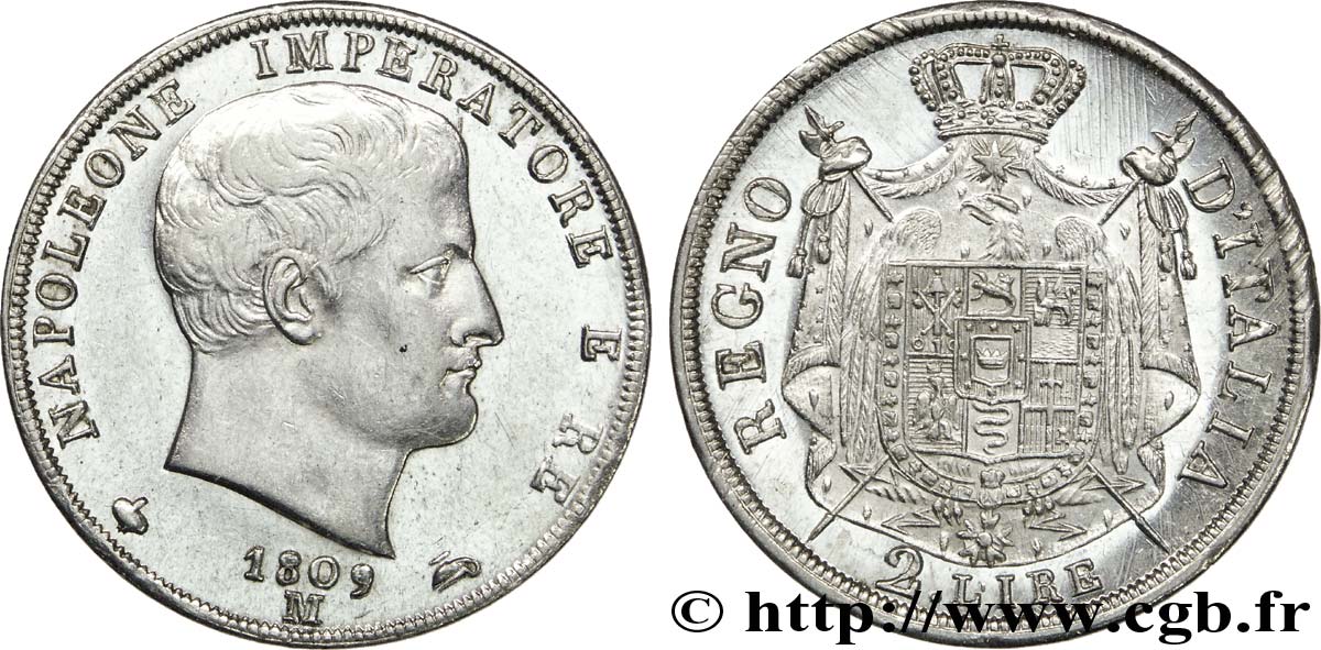 2 lire Napoléon Empereur et Roi d’Italie 1809 Milan M.237  VZ 