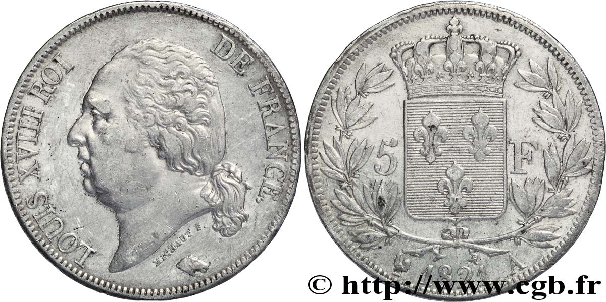 5 francs Louis XVIII, tête nue, frappe médaille 1821 Paris F.309/60 BB 