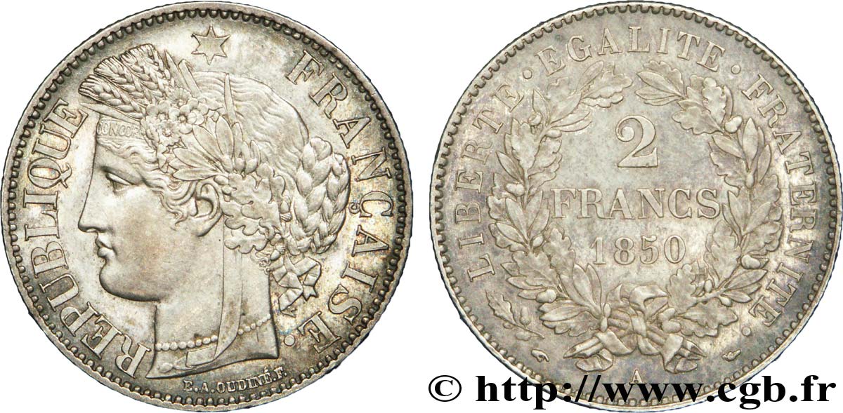 2 francs Cérès, IIe République 1850 Paris F.261/4 EBC 