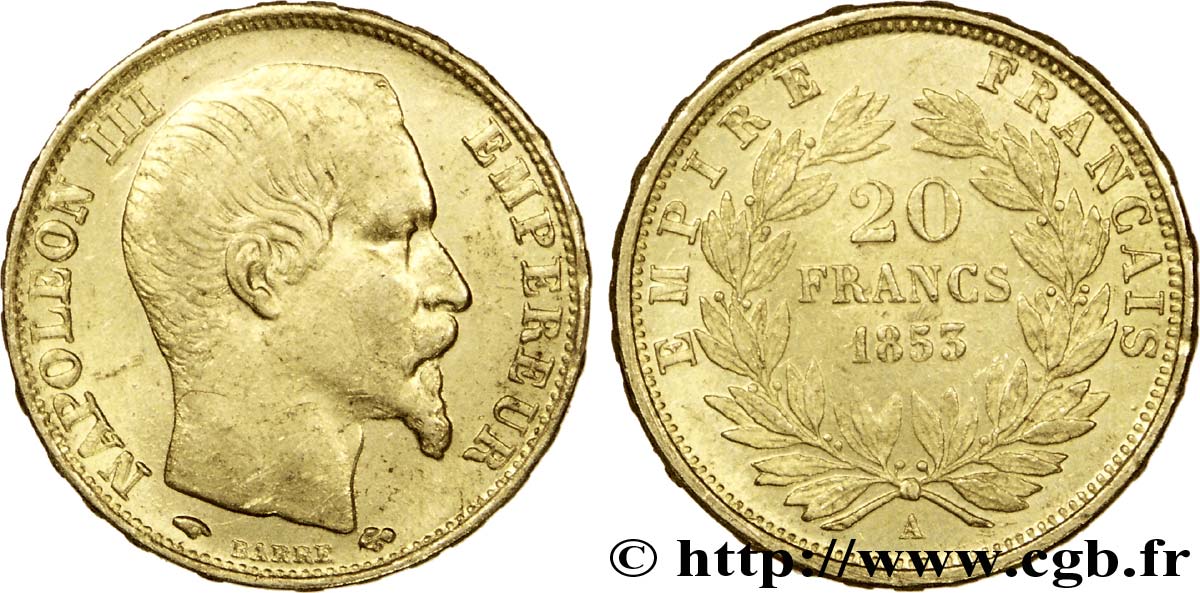 Faux en or de 20 francs or Napoléon III, tête nue 1853 Paris F.531/1 var. TTB 