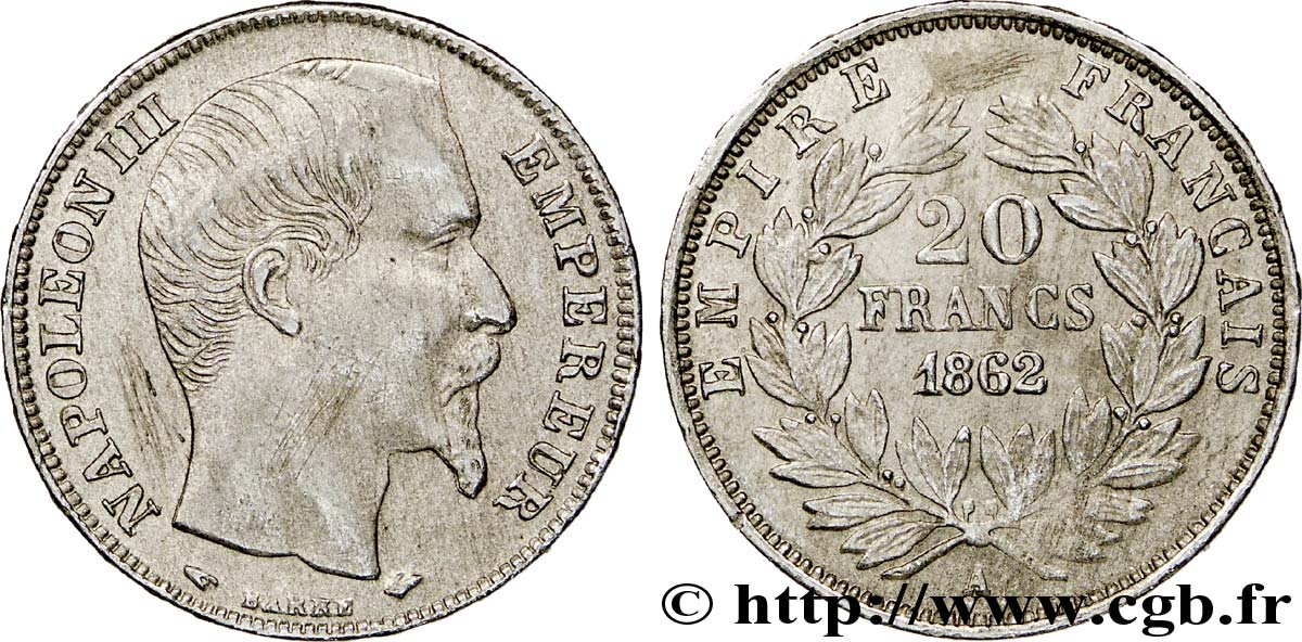 Faux en platine de 20 francs or Napoléon III, tête nue 1862 Paris F.531/1 var. TTB 