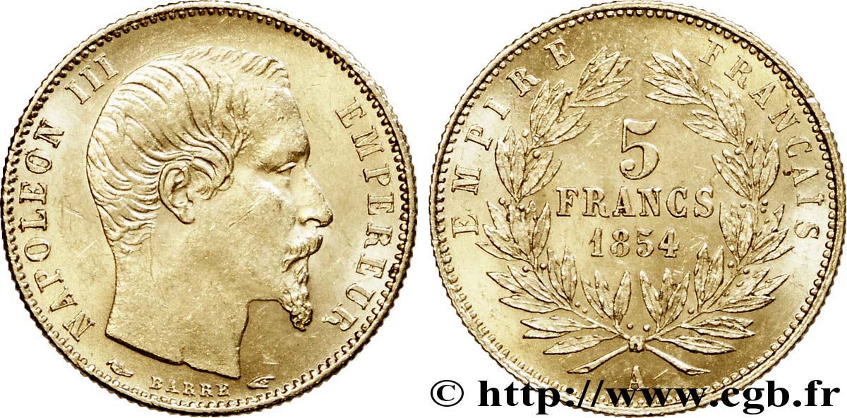 5 francs or Napoléon III, tête nue, petit module, tranche cannelée 1854 Paris F.500A/1 EBC 