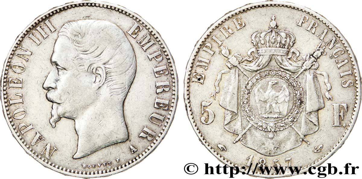 5 francs Napoléon III, tête nue 1857 Paris F.330/10 SS 
