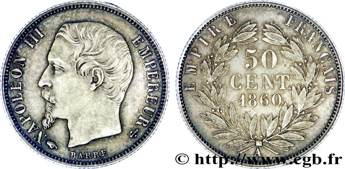 50 centimes Napoléon III, tête nue 1860 Paris F.187/13 SUP 