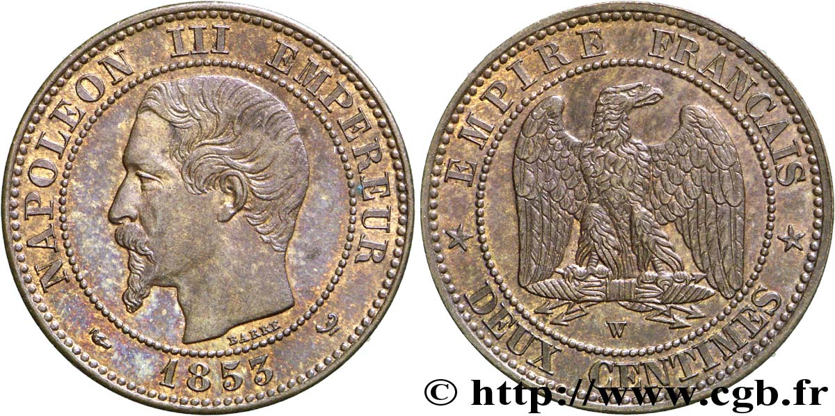 Deux centimes Napoléon III, tête nue 1853 Lille F.107/8 SPL 