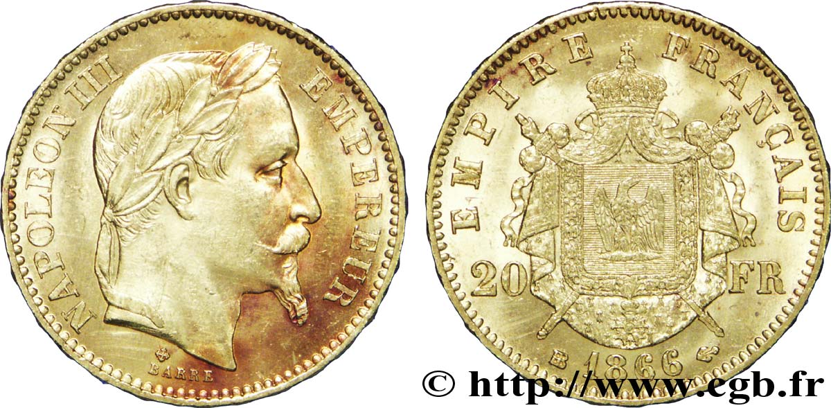 20 francs or Napoléon III, tête laurée 1866 Strasbourg F.532/14 SUP 