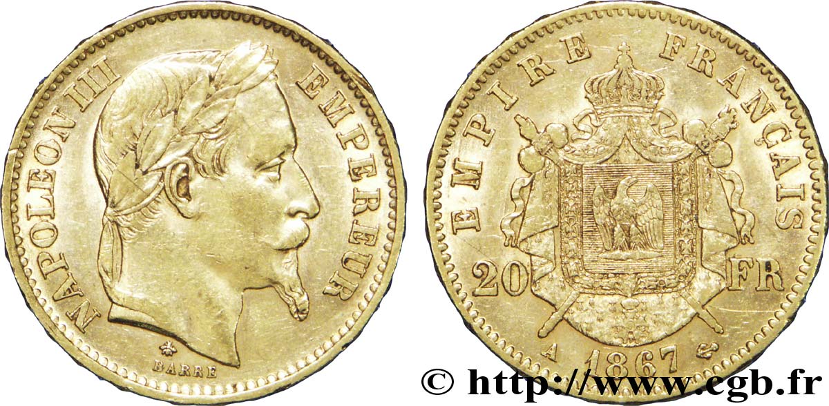 20 francs or Napoléon III, tête laurée 1867 Paris F.532/15 SUP 