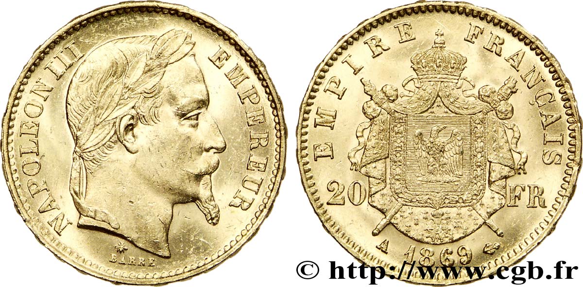 20 francs or Napoléon III, tête laurée 1869 Paris F.532/20 SPL 