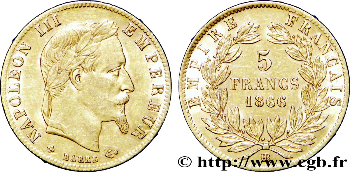 5 francs or Napoléon III, tête laurée 1866 Strasbourg F.502/10 XF 
