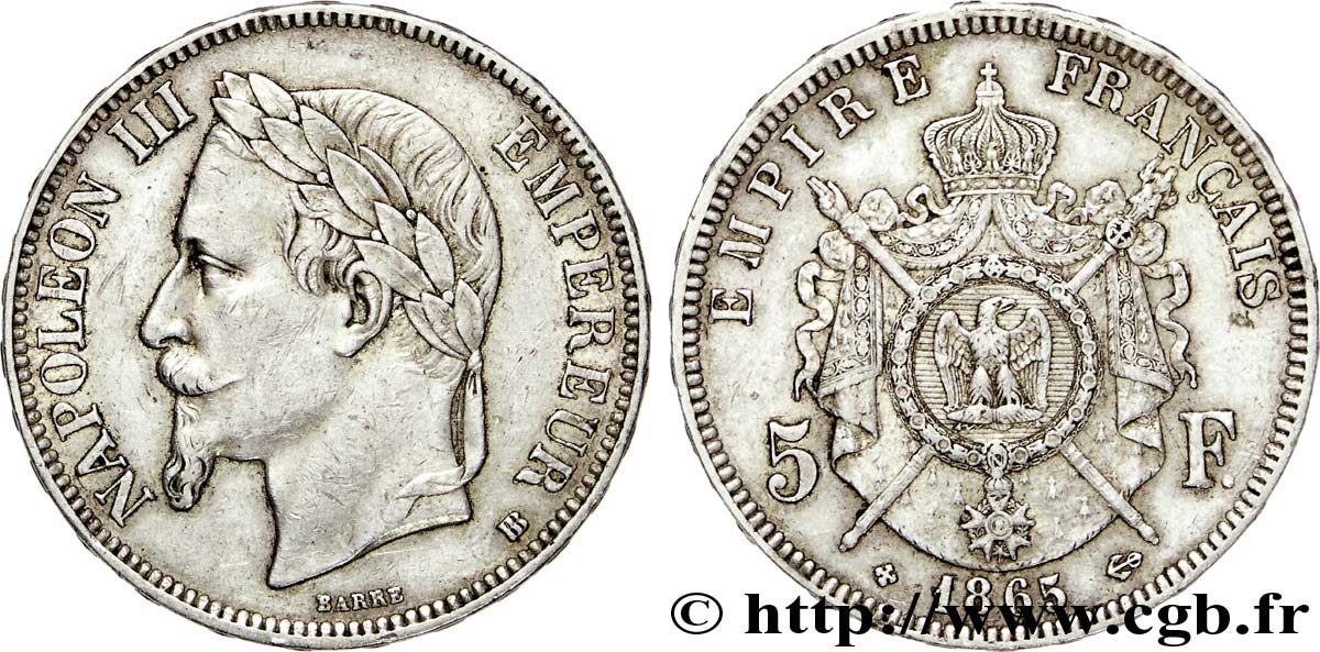 5 francs Napoléon III, tête laurée 1865 Strasbourg F.331/8 XF 