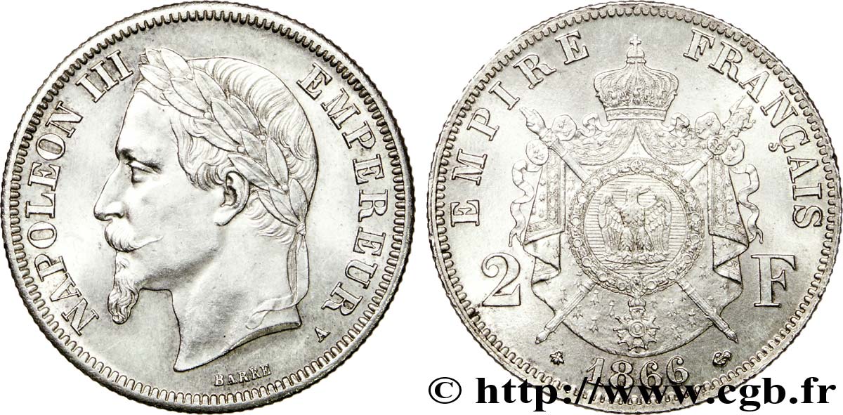 2 francs Napoléon III, tête laurée 1866 Paris F.263/2 VZ 