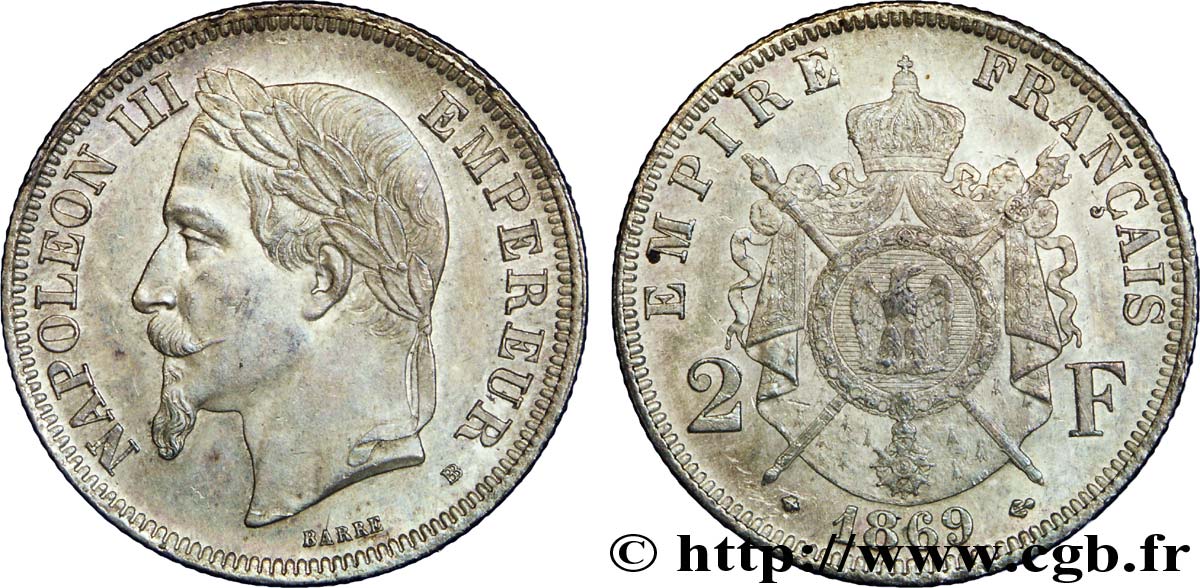 2 francs Napoléon III, tête laurée 1869 Strasbourg F.263/11 SPL 