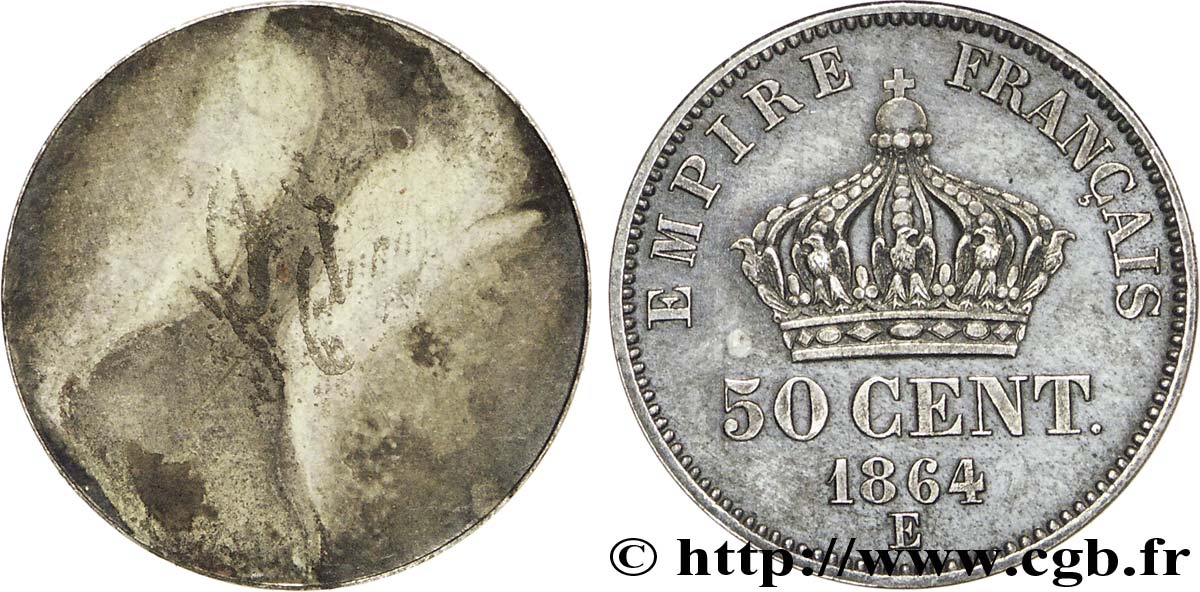 Essai uniface du revers de 50 centimes Napoléon III, tête laurée 1864 Paris VG.3661  VZ 