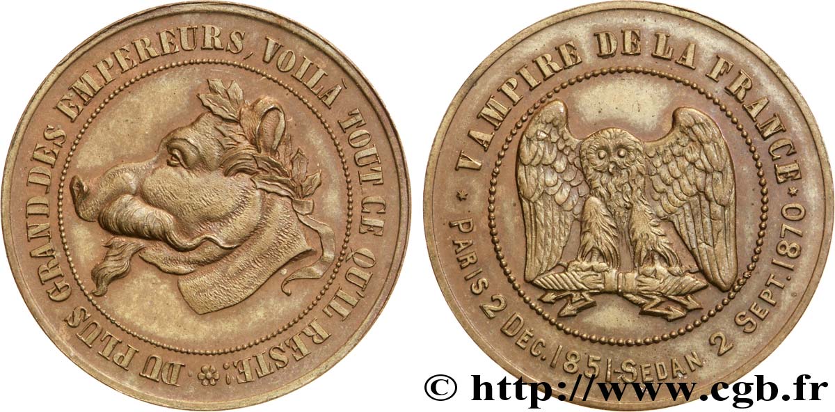 Monnaie satirique Br 32, module de 10 centimes à la tête de cochon 1870  Coll.41  VZ 