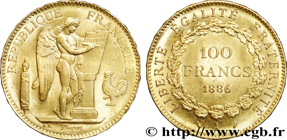 100 francs or Génie, tranche inscrite en relief Dieu protège la France 1886 Paris F.552/7 VZ 