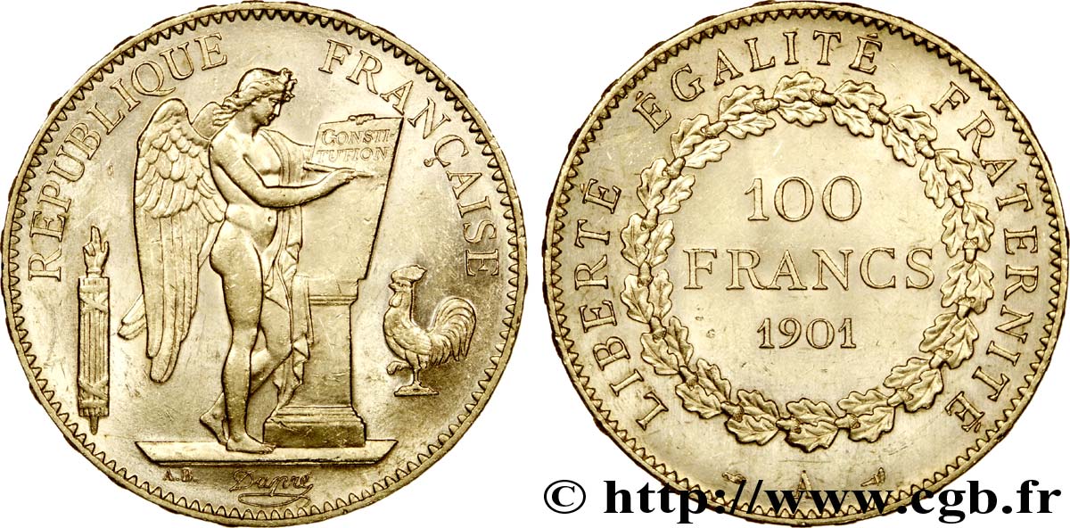 100 francs or Génie, tranche inscrite en relief Dieu protège la France 1901 Paris F.552/14 SPL 