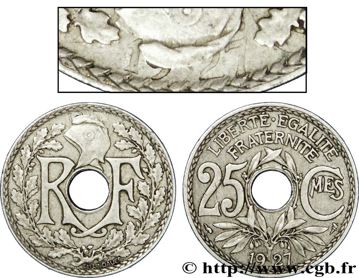 25 centimes Lindauer, coin choqué 1927 Paris F.171/11 TTB 