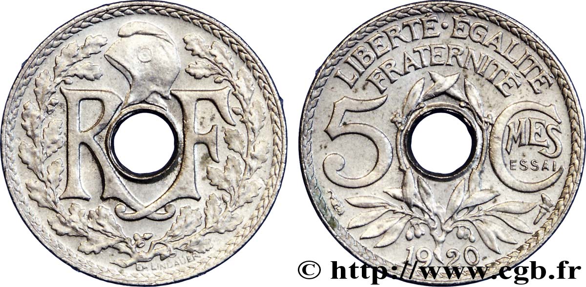 Essai-piéfort de 5 centimes Lindauer en cupro-nickel 1920 Paris F./ SUP 