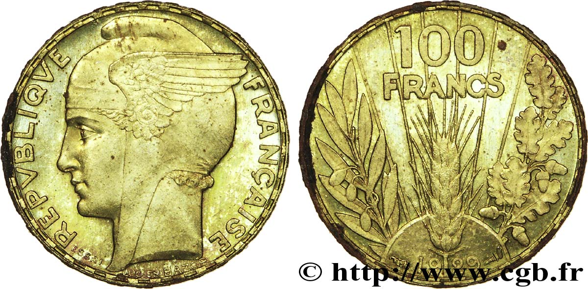 Essai concours de 100 francs en bronze-aluminium de Bazor 1929 Paris VG.5216  var. SC 