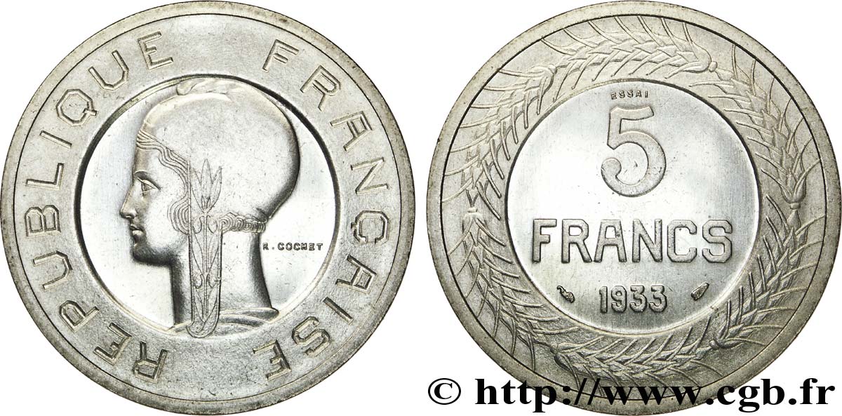 Concours de 5 francs, essai de Cochet en nickel 1933 Paris VG.5354  SC 