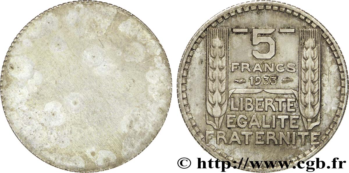 Epreuve uniface de revers de 5 francs Turin 1933 Paris G.759 var fST 