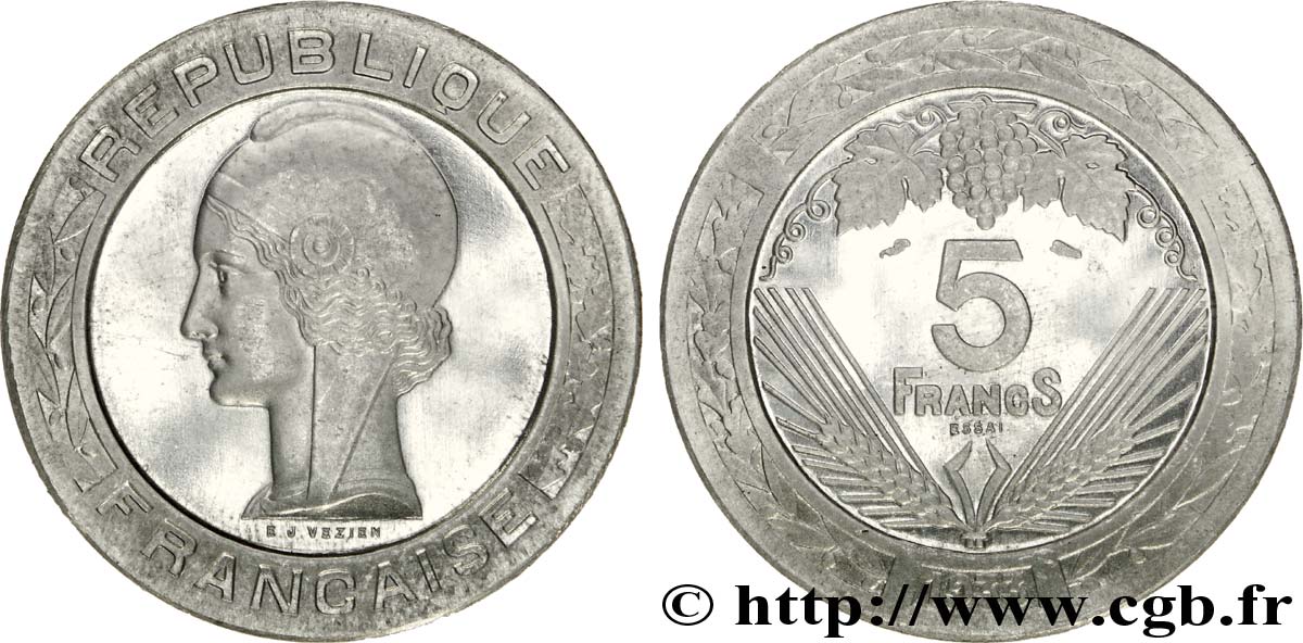 Concours de 5 francs, essai de Vézien en aluminium, lourd, 4,5 g 1933 Paris VG.5362 B MS 