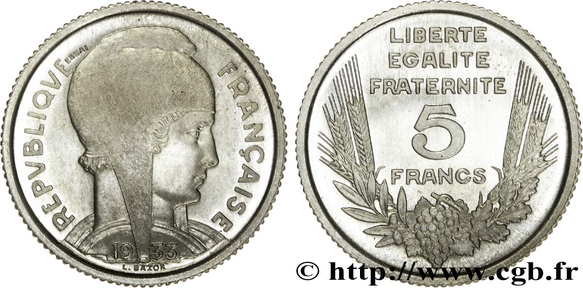 Concours de 5 francs, essai de Bazor en cupro-nickel non magnétique, poids standard 1933 Paris F.335/1 var. MS 