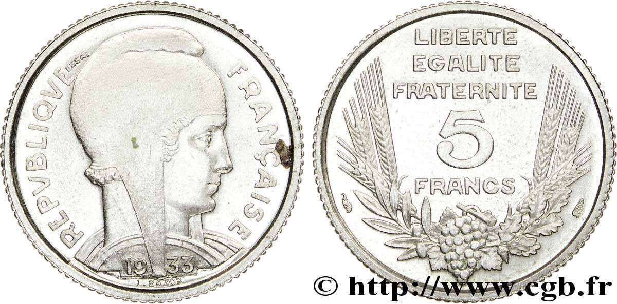 Essai de 5 francs Bazor en nickel 1933 Paris F.335/1 AU 