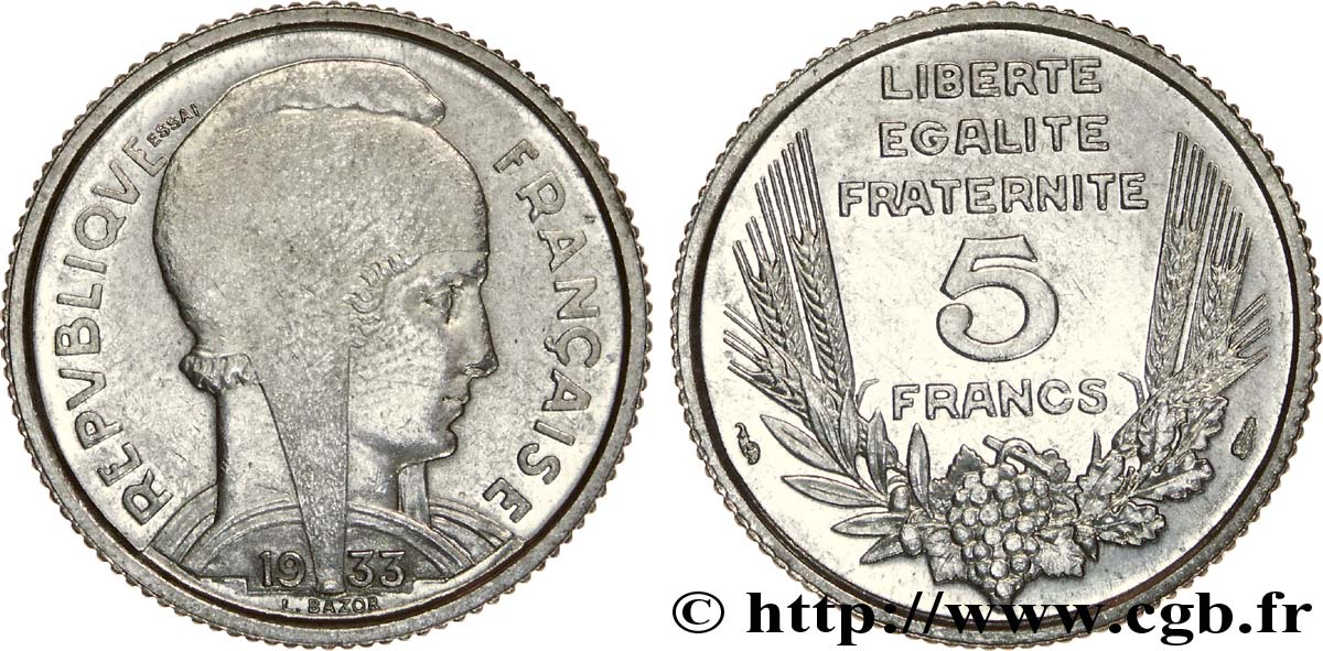 Essai de 5 francs Bazor en nickel 1933 Paris F.335/1 EBC 