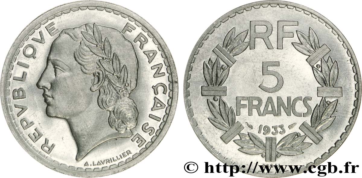 Essai de 5 francs Lavrillier, en aluminium, lourd 1933 Paris G.-  MS 