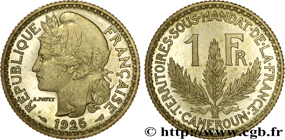 1 franc, Cameroun, Territoires sous mandat français - Pré-série de Morlon poids lourd, 5 grammes 1925 Paris Lec.7  FDC 