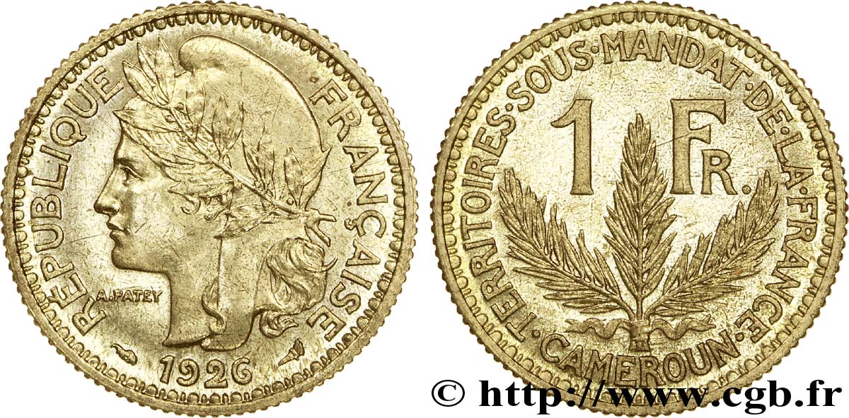 1 franc, Cameroun, Territoires sous mandat français - Essai de frappe de 1 franc Morlon, poids léger, 4 grammes 1926 Paris Lec.8 var SPL 