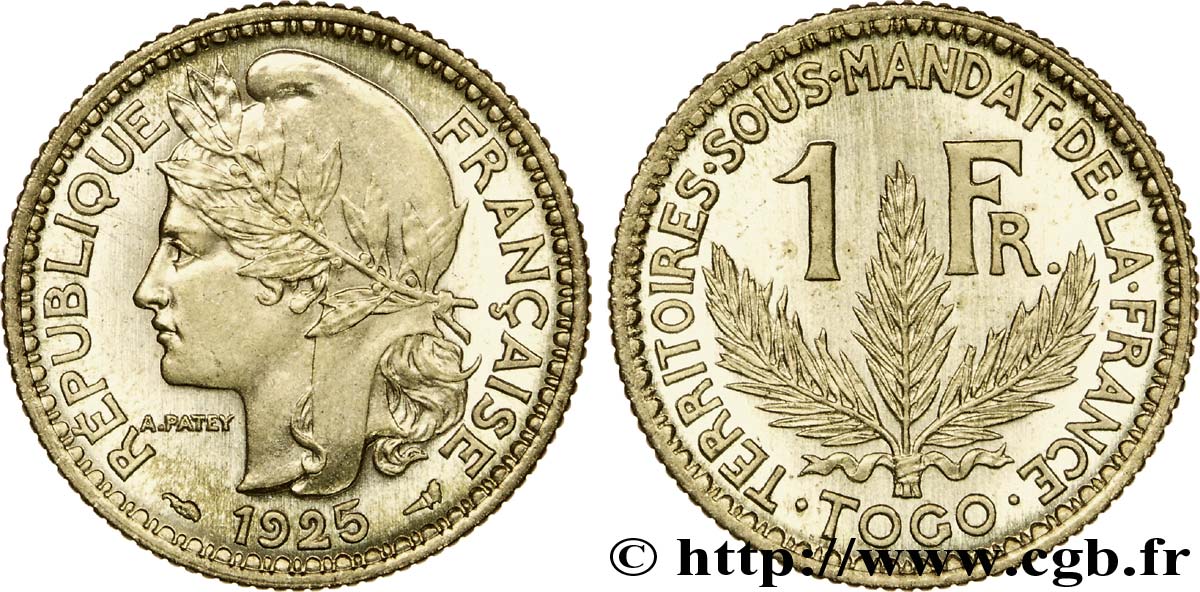 1 franc, Togo, Territoires sous mandat français - Pré-série de Morlon poids lourd, 5 grammes 1925 Paris Lec.12  FDC 