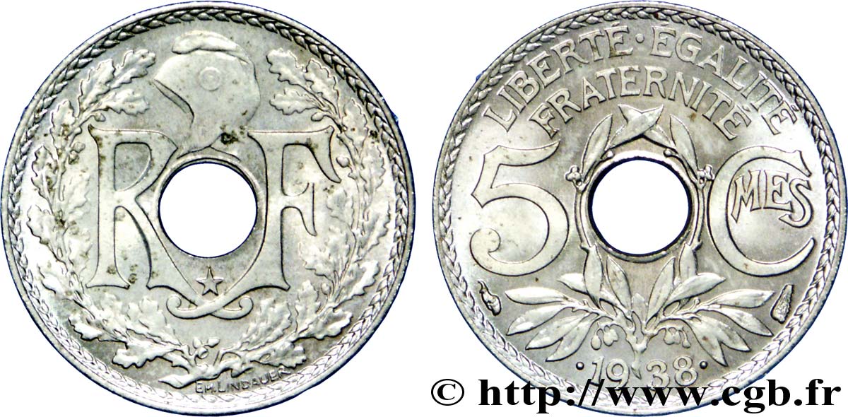 5 centimes Lindauer, Maillechort, avec étoile 1938 Paris F.123/1 ST 