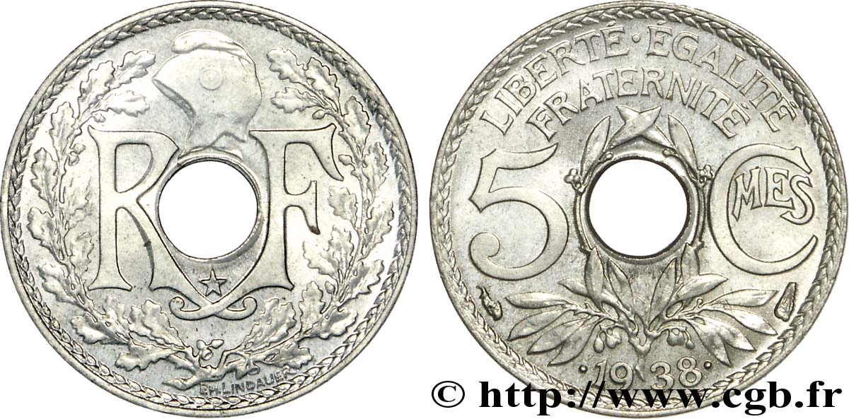 5 centimes Lindauer, Maillechort, avec étoile 1938 Paris F.123/1 SPL 