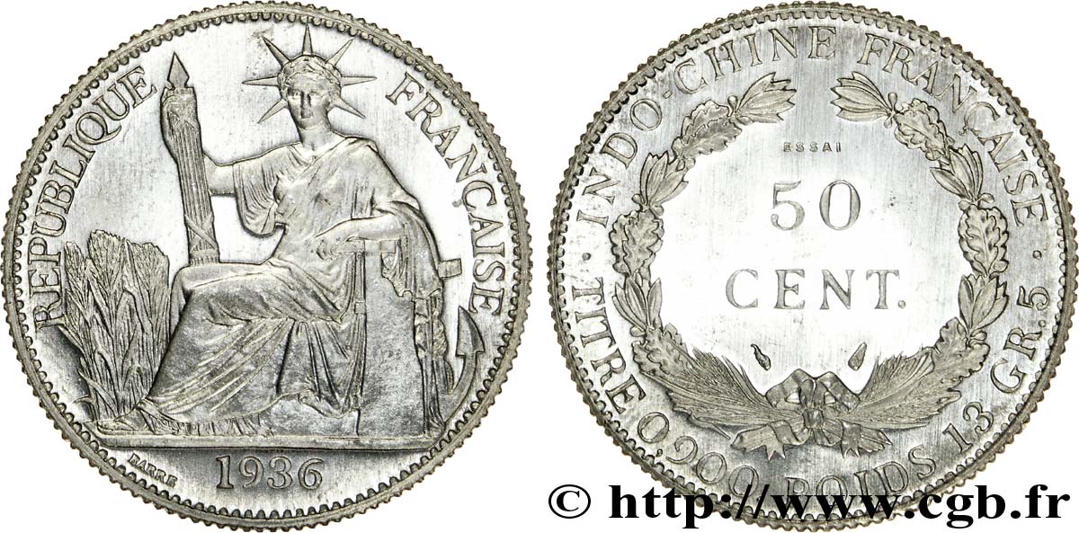 III REPUBLIC - INDOCHINE Essai de 50 cent en aluminium, lourd 1936 Paris ST 